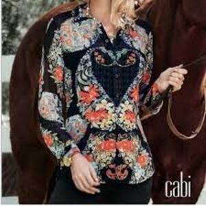 CAbi #3072 Amour Semi Sheer Blue + Orange Printed Button Down Blouse Size Small